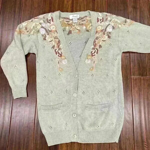 Margules vintage Knit Embroidered Cottagecore Mint Floral Cardigan Sweater large